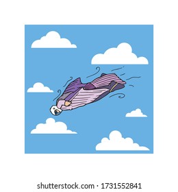 Skydiver In A Wing Suit Free Falling, Navigating Through The Sky And Clouds, Pumping Adrenaline And Performing Extreme Sport, Hand Drawn Cartoon Illustration. Human In The Air Doing Base Jump Stunts.