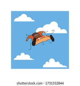 Skydiver In A Wing Suit Glide And Navigating Through The Sky And Clouds, Enjoying In Adrenaline Performing Extreme Sport, Hand Drawn Cartoon Illustration. Human In The Air Doing Base Jump Stunts.