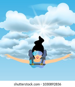 Skydiver woman flying in the blue cloudy sky. Vector female character illustration in flat style. Sky diving cartoon sportsman.