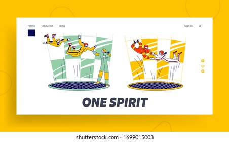 Skydivers Characters in Wind Tunnel Training Landing Page Template. Free Fall Simulator, Extreme Sport Experience with Coach Help. People Flying Experiment, Leisure Relax. Linear Vector Illustration