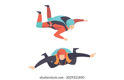 Skydivers Floating in the Air, Free Jumping, Extreme Sport Cartoon Vector Illustration