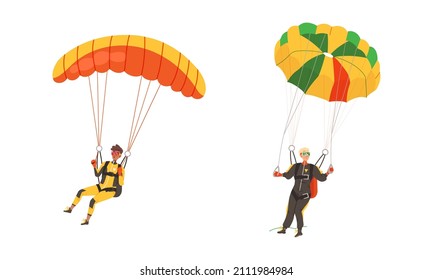 Skydivers flying with parachute set. Extreme sport and leisure activity vector illustration