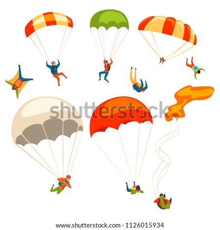 Skydivers flying with parachutes set, extreme parachuting sport and skydiving concept vector Illustrations on a white background ストックフォト © 