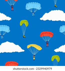 Buceadores volando con paracaídas. Juego de pequeños personajes lindos. Ilustración colorida dibujada a mano. Parapente, paracaidismo ascensional, paracaídas, deporte extremo, concepto de actividades. Patrón cuadrado sin inconvenientes