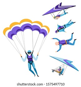 Skydivers isolated characters with parachutes, paraglider, extreme adrenaline sport vector. Sky jumping hobby, parachutist with equipment. Free flight, leisure activity and risk, parachuting