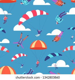 Skydivers, jumpers in sky vector seamless pattern