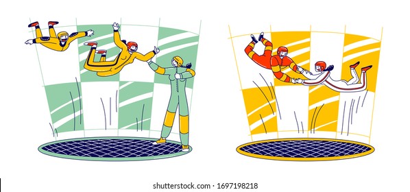 Skydivers Male and Female Characters in Indoor Wind Tunnel Training, Free Fall Simulator. Extreme Sport Experience with Coach Help. People Flying Experiment, Leisure Relax. Linear Vector Illustration