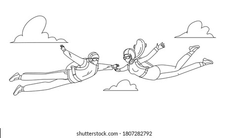 Skydivers Man And Woman Skydive In Air Black Line Pencil Drawing Vector. Young Boy And Girl Wearing Skydive Clothes, Protective Helmet And Parachute Falls Through From Sky. Characters Illustration