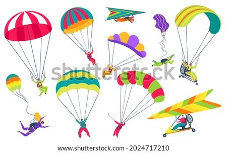 Skydivers with parachutes. Professional parachutist or skydiver flying in sky. Extreme sports, skydiving, paragliding, parachuting vector set. People having active hobby, leisure time