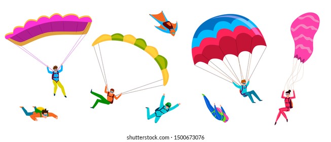 Skydivers. Professional skydiving, people jump with parachute, fly with paraglider. Active lifestyle hobby cartoon vector parachuting wings adventure flying characters