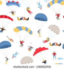 Skydivers seamless pattern. Skydiving repeating background, extreme sky jumpers with parachutes, paratroopers skydiving freedom sport and adrenaline vector illustration