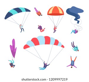 Skydivers set. People jumping with parachutes. Dangerous sports sky jumpers, parachutists cartoon vector characters