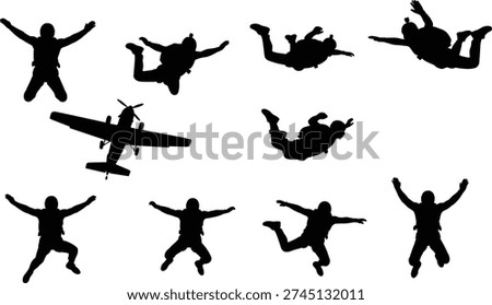 Skydivers silhouettes vector illustration, airplane and freefall poses icons, extreme sport design graphic, dynamic motion artwork, adventure activity art