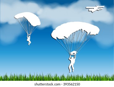 Skydivers. The sky with beautiful clouds realistic. Vector illustration