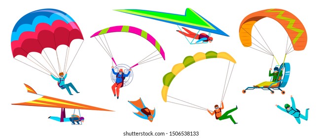 Skydivers. Skydiving adventure, people jump with parachute in sky, fly with paraglider and free flight. Cartoon vector extremely dangerous falling skydive characters