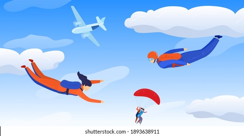 Deportista de Skydivers en el aire del cielo, ilustración vectorial de deportes extremos. Deporte de paracaidismo. Un paracaídas divertido saltando de un avión. Hobby activo. Deportistas buceando.