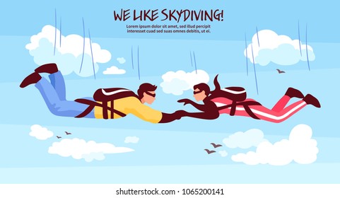 Skydiving adventures horizontal banner with couple in free fall holding hands romantic experience above clouds vector illustration