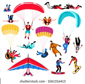 Skydiving amd extreme sports set flat isolated vector illustration