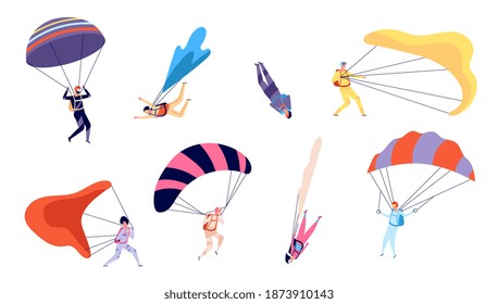 Skydiving characters. Skydiver, free jumping and sky flying. Extreme sports, people in suits fall with parachutes, freedom utter vector set