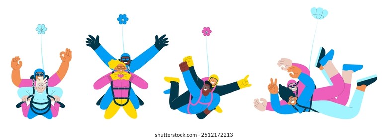 Skydiving collection. Cheerful flying females and males, tandem skydiving jump. Extreme sport activities. Modern flat vector illustration.