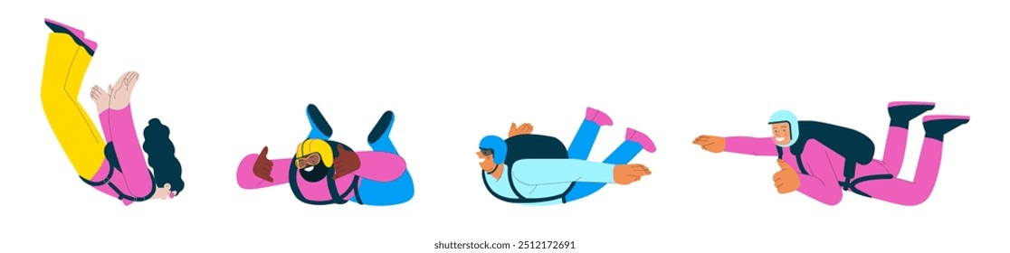 Skydiving collection. Cheerful flying females and males, solo skydiving jump. Extreme sport activities. Modern flat vector illustration.