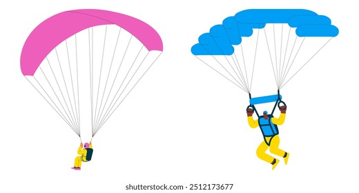 Skydiving collection. Cheerful flying females and males, solo skydiving jump, parachutes. Extreme sport activities. Modern flat vector illustration.