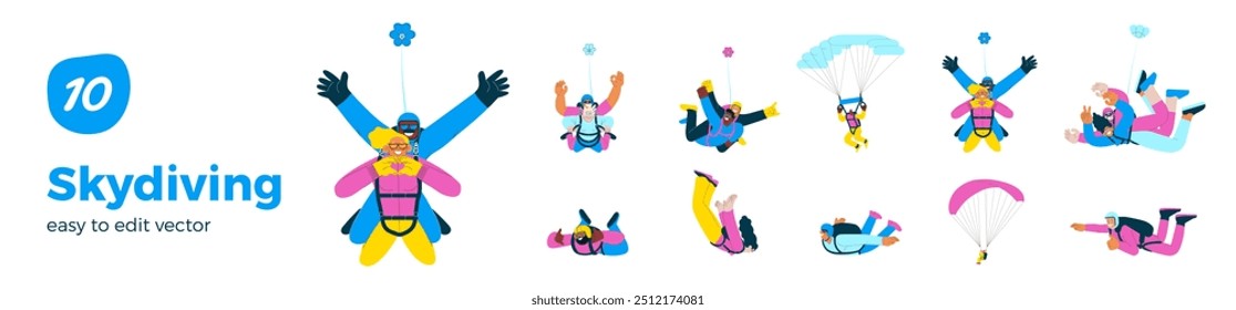 Skydiving collection. Cheerful flying females and males, solo skydiving jump, tandem skydiving jump, parachutes. Extreme sport activities. Modern flat vector illustration.