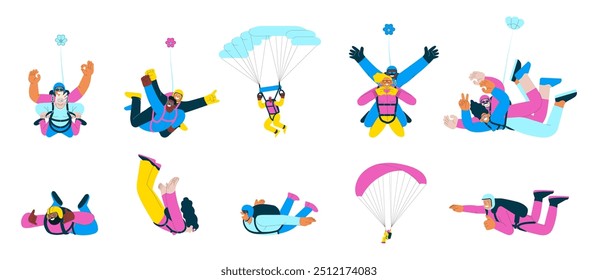 Skydiving collection. Cheerful flying females and males, solo skydiving jump, tandem skydiving jump, parachutes. Extreme sport activities. Modern flat vector illustration.