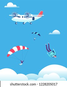 Skydiving concept. Parachutists jumping out of plane in blue sky. People skydivers vector illustration