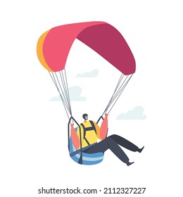 Buceo, Parapente Extremo, Recreación. Personaje de Skydiver saltando con paracaídas creciendo en el cielo, paracaidismo deportivo, paracaidista volando a través de las nubes. Ilustración del vector de dibujos animados