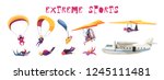 Skydiving extreme sport elements flat icons collection with parachute jump free fall airplane glider isolated vector illustration