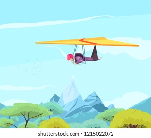 Skydiving extreme sport flat poster with free style hang gliding above oriental trees and mountains vector illustration