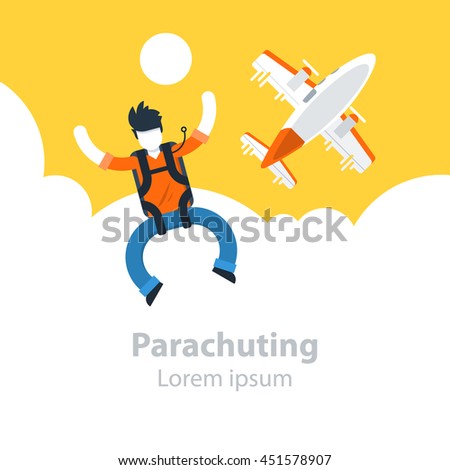 Skydiving extreme sport, parachutist jumped off the plane, airplane high in the sky, free falling man