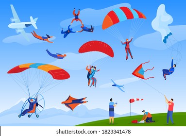 Skydiving extreme sport vector illustration set. Cartoon flat parachute skydiver sportsman characters jumping out of plane with parachutes, parachutist people skydive, danger adrenaline background