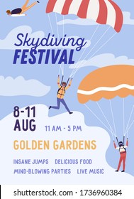Skydiving festival colorful poster with place for text vector flat illustration. Announcement of extreme sport parachuting holiday. Active parachutist person performing insane jumps