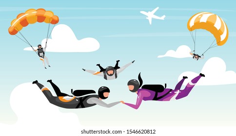 Skydiving flat vector illustration. Couple outdoor activities. Extreme sports. Teamwork parachuting. Cloudscape, sky jump. Active lifestyle, fun entertainment. Paratroopers cartoon characters