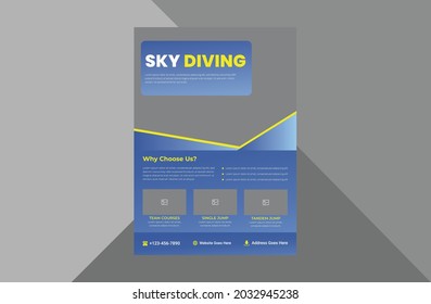 skydiving flyer design template. parachuter skydiving tourism poster leaflet design. a4 template, brochure design, cover, flyer, poster, print-ready