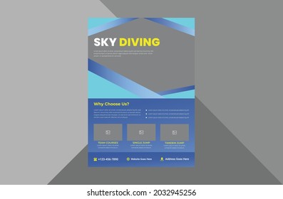 Skydiving Flyer Design Vorlage. Fallschirmspringen Tourismus Plakatdesign. a4-Vorlage, Broschüren-Design, Cover, Flyer, Poster, druckfertig