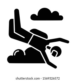 Skydiving glyph icon. Sky diving. Freefall tricks. Skydiver jumping with parachute. Air extreme sport flight stunt. Parachutist flying in sky. Silhouette symbol. Vector isolated illustration