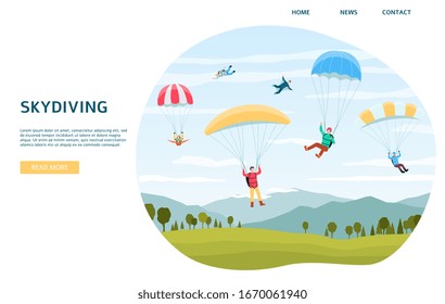 Skydiving horizontal web banner template with extreme sports sportsmen jumping with parachutes or paraplanners, flat vector illustration isolated on white background.