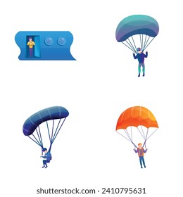 Skydiving icons set cartoon vector. Male skydiver during jump. Extreme fun, hobby