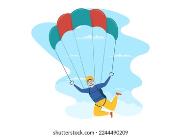Ilustración de Skydiving con los Skydivers utilizan Parachute y Sky Jump para actividades al aire libre en las plantillas de dibujos a mano de Flat Extreme Sport