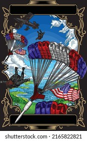 skydiving isolated on black background for poster, t-shirt print, business element, social media content, blog, sticker, vlog, and card. vector illustration.