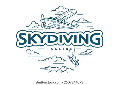 Logotipo de paracaidismo con avión y paracaidista en estilo de contorno