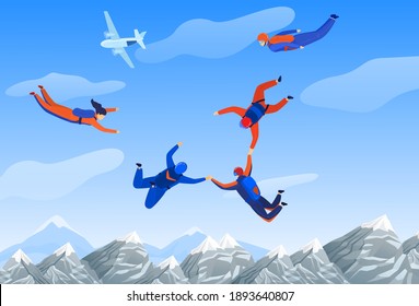 Skydiving man, extreme sport vector illustration. Parachuting sport. Fun parachute jumping skydrivers. Active hobby adventure. Sportsmen skydive and fly above mountains landscape.