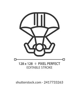 Icono lineal de la actividad de submarinismo al aire libre. Deportes extremos de alta altitud de aviones. Turismo de paracaídas adrenalino. Ilustración de línea delgada. Símbolo de contorno. Dibujo del contorno del vector. Trazo editable