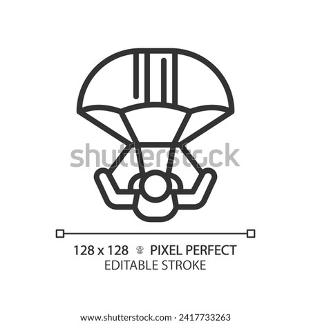 Skydiving outdoor activity linear icon. Aircraft high altitude extreme sports. Adrenaline parachute tourism. Thin line illustration. Contour symbol. Vector outline drawing. Editable stroke