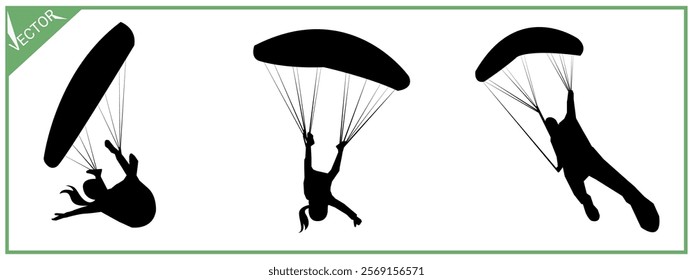 Skydiving, parachute, paragliding silhouette illustration set.