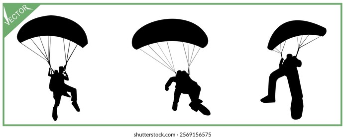 Skydiving, parachute, paragliding silhouette illustration set.
