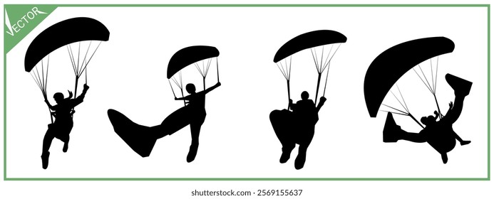 Skydiving, parachute, paragliding silhouette set.